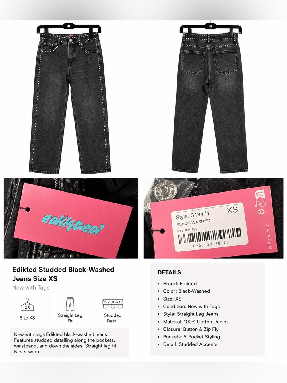 Edikted Black-Washed Studded Straight Leg Jeans